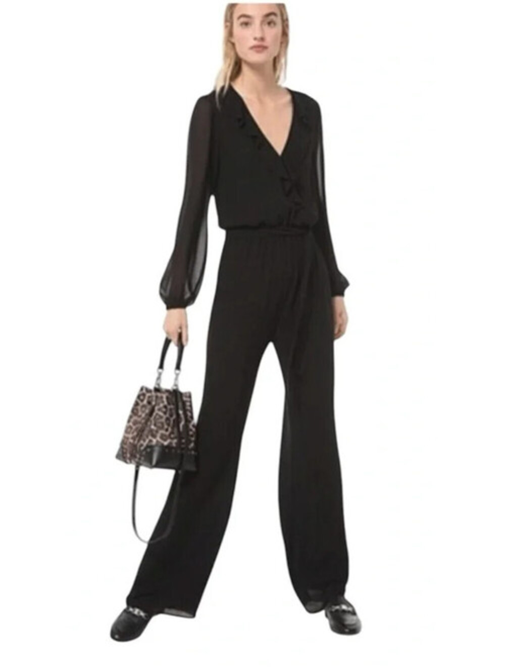 Michael Kors XS Black Chiffon Long Sleeve Jumpsuit Ruffled V-neck Whimsigoth